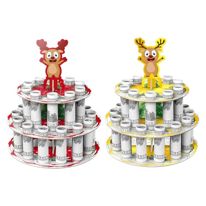 Christmas Money Holder Set - 2 Pack Holiday Gift Table Decorations - Red Snowflakes & Trees