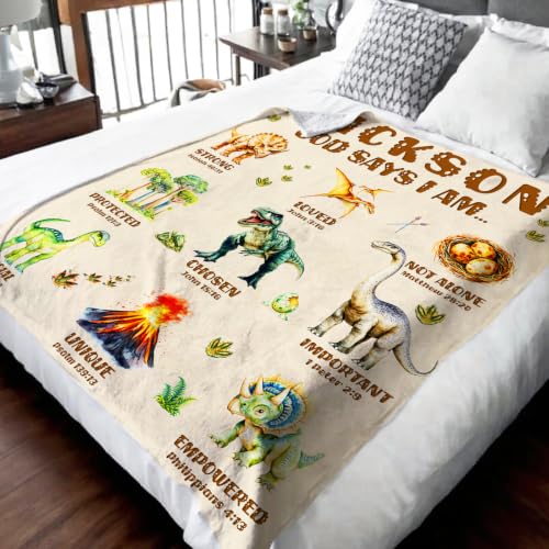 Personalized Dinosaur Blanket for Boys - Christian God Says I Am - Beige, 50x60 Inches