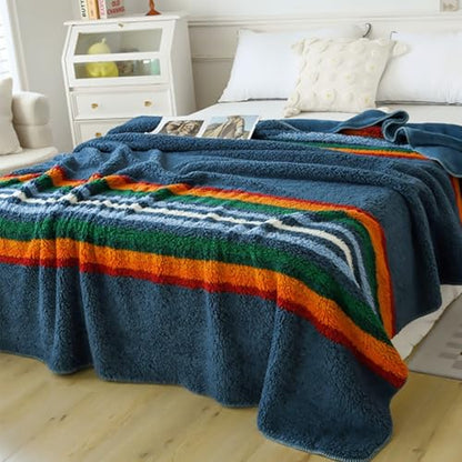 Navy Blue Boho Sherpa Fleece Blanket 80x90 Inch - Ultra Soft Aztec Throw for Bed Couch Camping