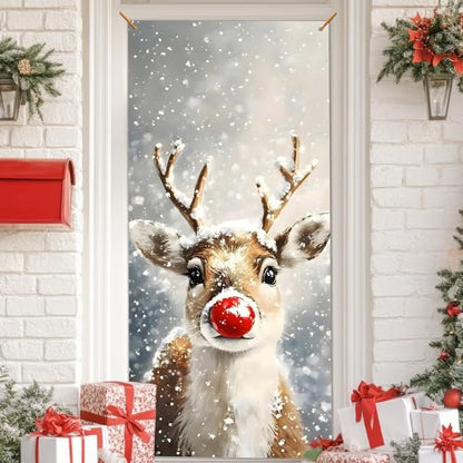 Christmas Door Cover Decoration Red Reindeer Holiday Front Door Banner 35x79 Inch