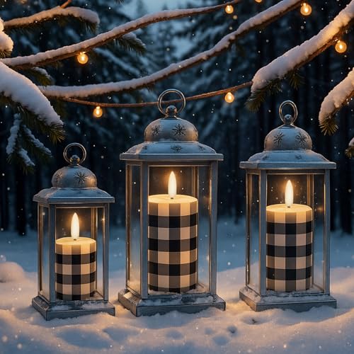 3 Pcs Christmas Buffalo Plaid Flameless Candles - Black & White Holiday Decor
