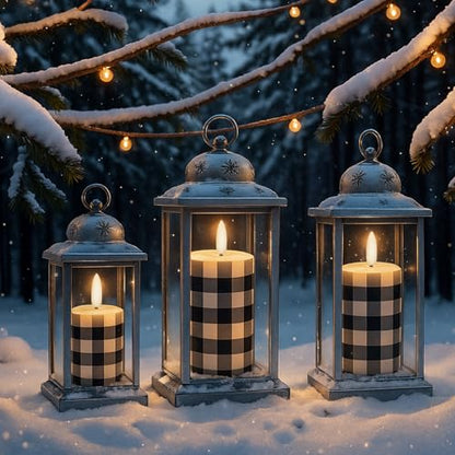3 Pcs Christmas Buffalo Plaid Flameless Candles - Black & White Holiday Decor