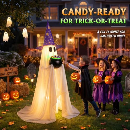 Halloween Ghost Decor with Lighted Cauldron - 53 Inch Large Trick-or-Treat Display