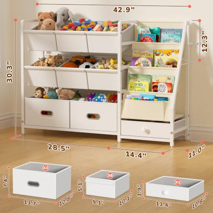 Kids Toy Storage Organizer with 9 Bins Montessori Toddler Bookshelf White