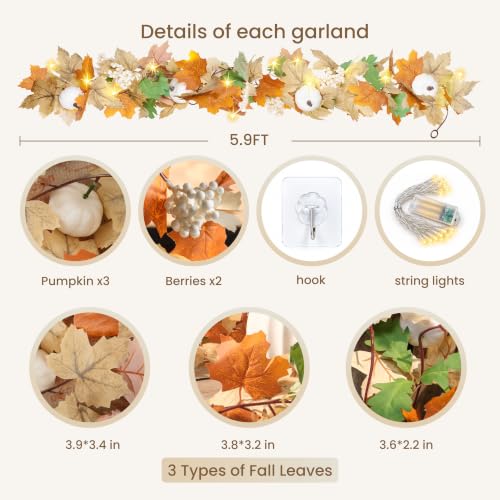 3 Pack Fall Leaf Garland with Lights - 17.7Ft Battery Operated Maple Leaves Autumn Decorations