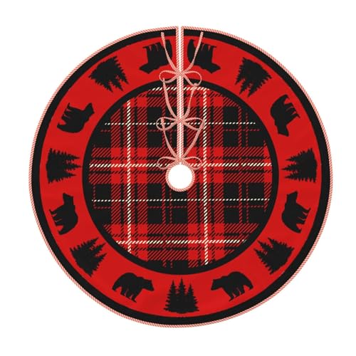 Faux Linen Christmas Tree Skirt Black Bear Red & Black Cabin Plaid 48" - Rustic Holiday Decor