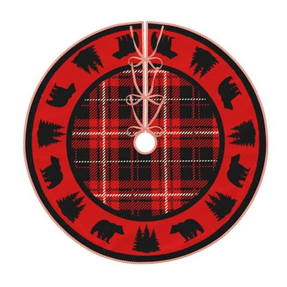 Faux Linen Christmas Tree Skirt Black Bear Red & Black Cabin Plaid 48" - Rustic Holiday Decor