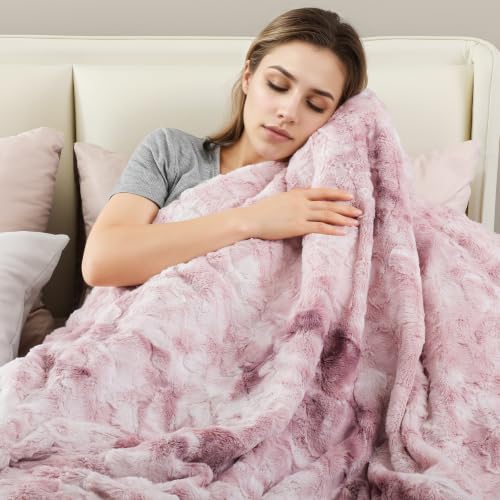 Pink Faux Fur Heated Blanket Queen Size with Wireless Remote 90x90