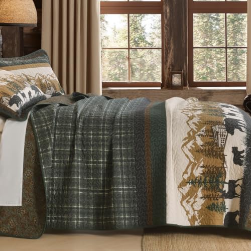 King Cotton Quilt Set with Deer and Bear Wildlife Design - Reversible, Rustic Lodge Bedding - Green/Brown/Beige, 98x106 inches