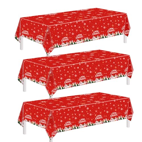 Christmas Tablecloths 3 Pack - Red Festive Plastic Covers with Santa & Snowflakes
