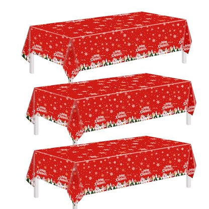 Christmas Tablecloths 3 Pack - Red Festive Plastic Covers with Santa & Snowflakes