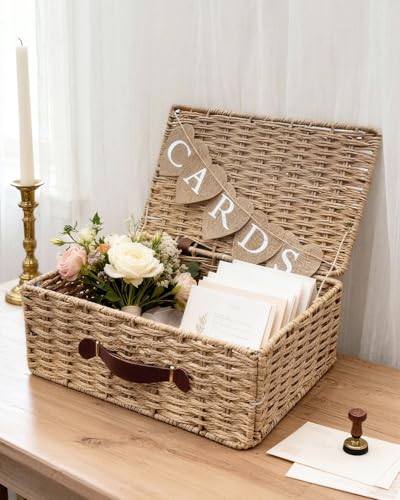 Large Wedding Card Box 14.2 Inch Seagrass Basket with Letter Flag - Rustic Wedding Decor