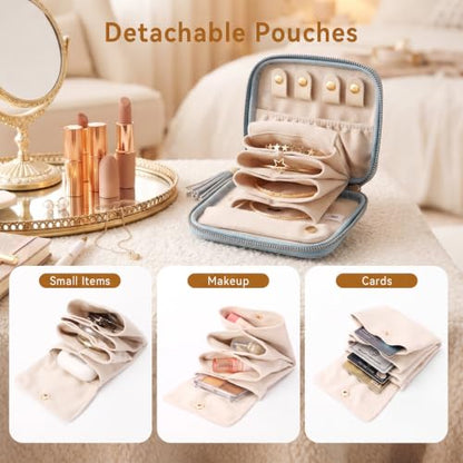 Travel Jewelry Case Organizer Small Velvet Pouch with Compartments - Blue