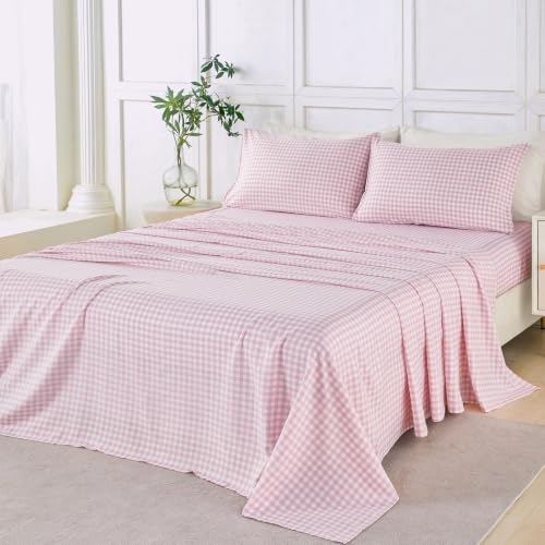 Pink Gingham Twin Sheet Set - 4 Piece Microfiber Plaid Bedding with Deep Pockets