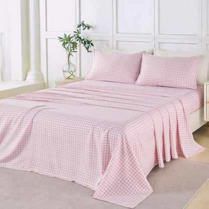 Pink Gingham Twin Sheet Set - 4 Piece Microfiber Plaid Bedding with Deep Pockets
