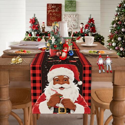 Christmas Table Runner Santa Claus-02 Red & Black Buffalo Plaid 13x72 Inches