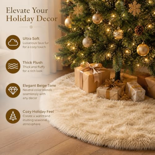 48 Inch Beige Faux Fur Christmas Tree Skirt - Holiday Decor for Xmas Tree