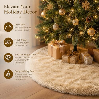 48 Inch Beige Faux Fur Christmas Tree Skirt - Holiday Decor for Xmas Tree