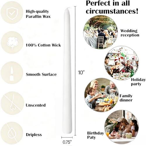 White Taper Candles 4 Pack - Unscented, Dripless, 10 Inch Steady Flame