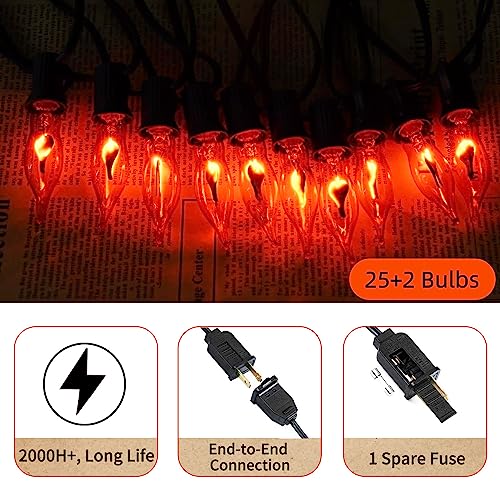 Halloween Flickering Flame String Lights - 27.8Ft Orange Outdoor Decor with 27 Bulbs - Safety Certified Waterproof