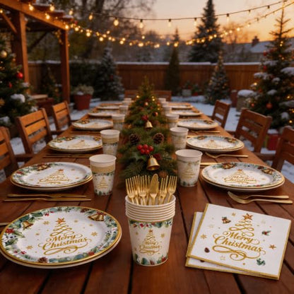 120-Piece Gold Christmas Party Tableware Set for 20 Guests - Disposable Dinnerware Kit