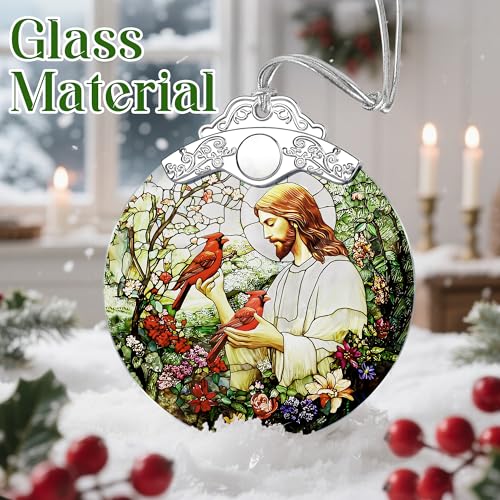 Jesus with Cardinals Religious Christmas Ornament - Christian Holiday Decor - Jesus Pattern D
