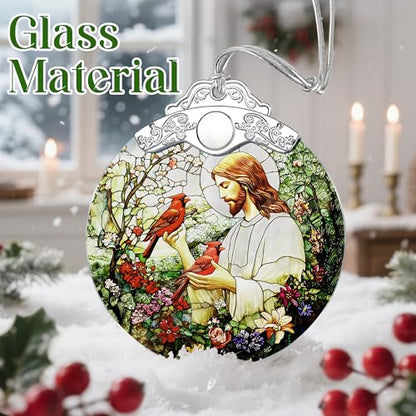 Jesus with Cardinals Religious Christmas Ornament - Christian Holiday Decor - Jesus Pattern D