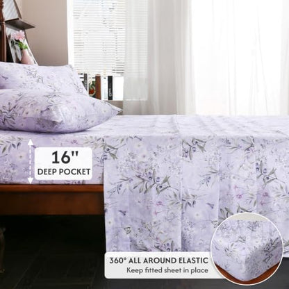 Light Purple Floral Queen Cotton Sheet Set - 4 Piece Percale Bedding