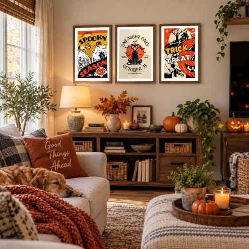 3Pcs Vintage Black Cat Halloween Wall Art Set - Framed 8x10 Inches with Variation Scary Straw Man