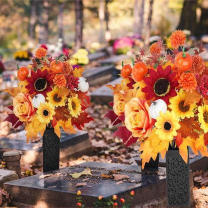 Artificial Fall Cemetery Flowers for Grave - Orange Mums & Pumpkins with Variation Wine