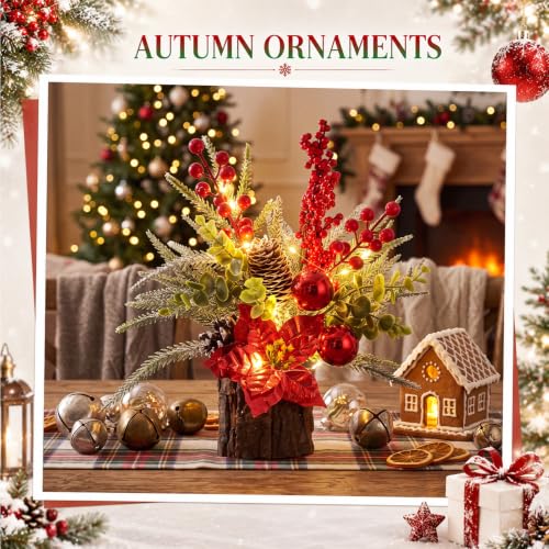 Christmas Tree Table Centerpiece with LED Lights - Red Poinsettia Variation