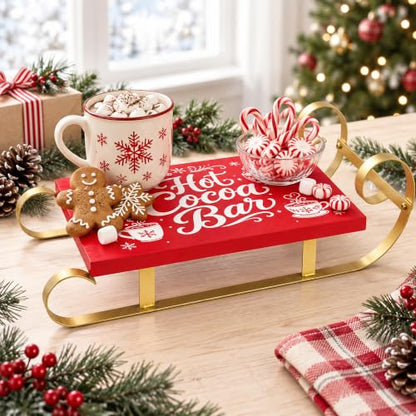 Christmas Hot Cocoa Wood Tray Holder - Red Sleigh Design for Holiday Decor