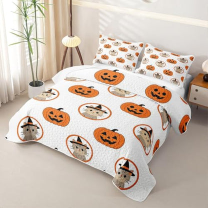 Feelyou Halloween Quilt Bedspread for Kids Girls & Boys Queen Size - Cream White & Tangerine Orange Bedding Set