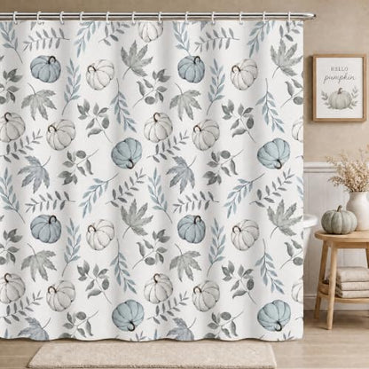 Blue White Pumpkin Shower Curtain - Fall Farmhouse Bathroom Decor 72x72 Inch with Hooks