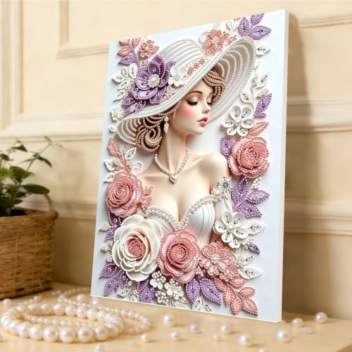 Lady Pearl Painting with 3D Crystal & Pearl Details - Framed Artwork