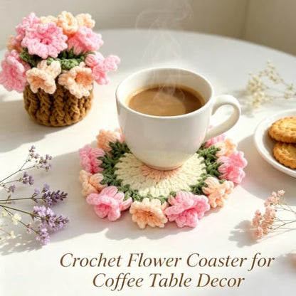 Pink Crochet Flower Coaster Set with Storage Basket - Handmade Home Decor