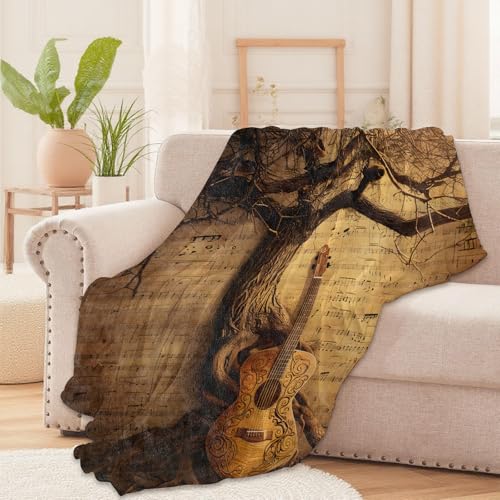 Guitar and Tree Throw Blanket for Kids & Adults - Soft Cozy Flannel 60x80