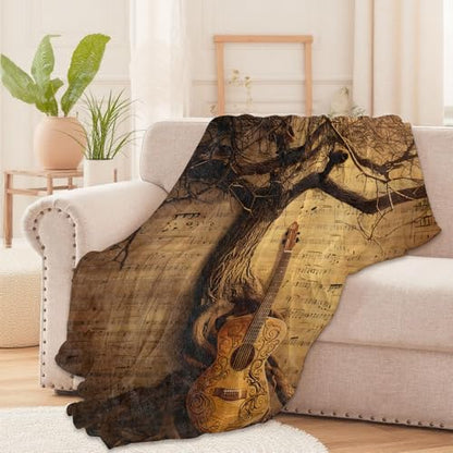 Guitar and Tree Throw Blanket for Kids & Adults - Soft Cozy Flannel 60x80