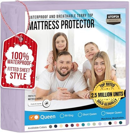 Utopia Bedding Waterproof Mattress Protector Queen Size, Premium 200 GSM Terry Mattress Cover, Soft & Breathable Bed Cover, Fitted Sheet Style with Stretchable Deep Pockets 17" (Lavender)
