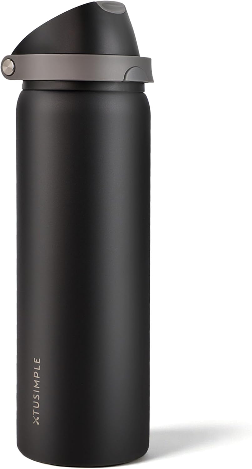 Skiennix 32 oz Insulated Water Bottle - 2-in-1 Quick Flip Straw & Push Button Lid | Leakproof, Black