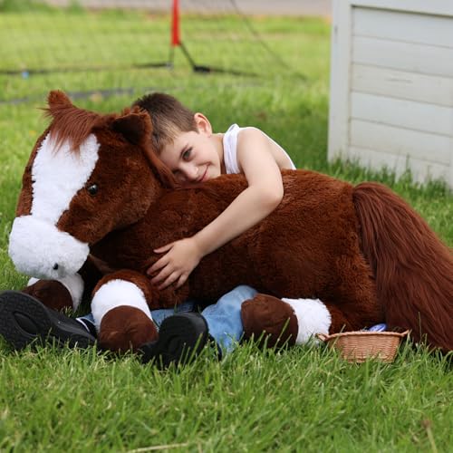 Giant Horse Plush Body Pillow - 4ft Life-Size Chocolate Horse Cuddle Toy - Kids & Adults
