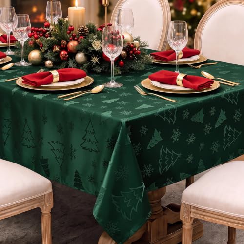 NOVILYS Green Christmas Jacquard Rectangle Tablecloth 60 x 84 Inches - Festive Holiday Decor