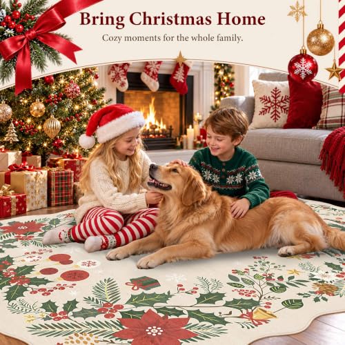 Christmas Beige Washable Scalloped Area Rug 4x6 for Living Room - Holiday Decor