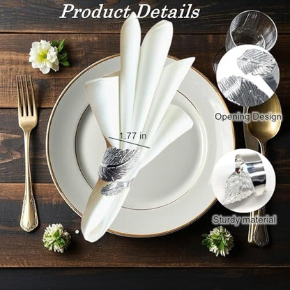 Silver Leaf Napkin Ring Set of 12 - Shiny Metal Table Decor for Holidays