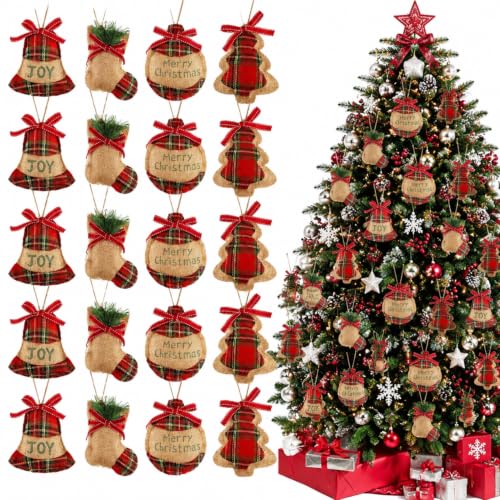 16 Pcs Rustic Burlap and Red Buffalo Plaid Christmas Ornaments Set