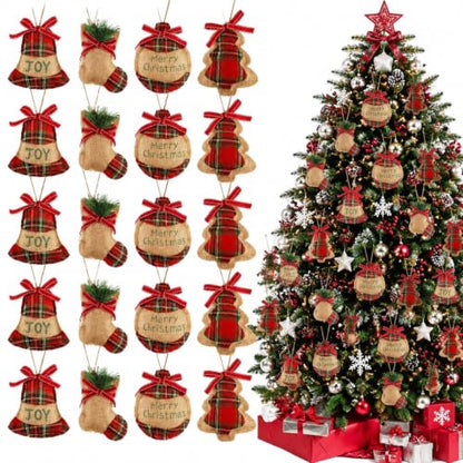 16 Pcs Rustic Burlap and Red Buffalo Plaid Christmas Ornaments Set