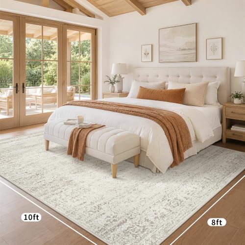 8x10 Beige Cream Washable Area Rug - Neutral Medallion Design, Non-Slip Backing