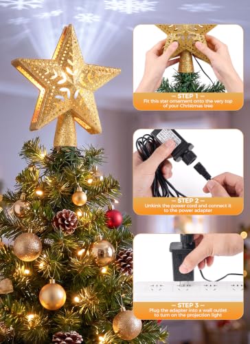 Christmas Tree Topper with Snowflake Projector Light, Gold - Universal Fit