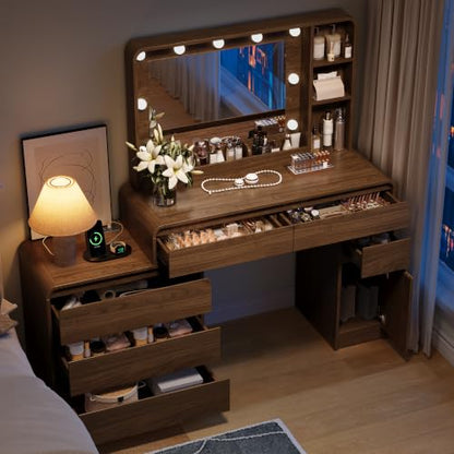60-Inch Walnut Makeup Vanity Desk with Mirror, 9-LED Lights, 6 Drawers & Cabinet