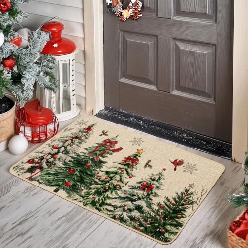 Christmas Doormat 17x29 Inch Winter Red Bow Pine Forest Farmhouse Welcome Rug - Variation: Pine Forest & Red Bow / 1.5x2.5 ft